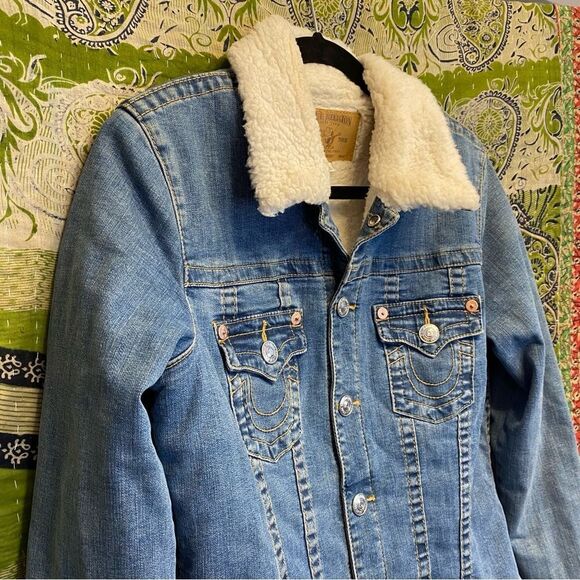 True Religion Deadstock Sherpa Lined Denim Trucker Jacket Size Large - Picture 5 of 15